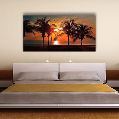 Beach Canvas Wall Art Seascape Theme Pictures Home Decor Blue Ocean Coconut Tree Sunset Prints Paintings for Living Room Bathroom Bedroom Kitchen Office Decoration Natural Scenery Artwork 28x57 inches