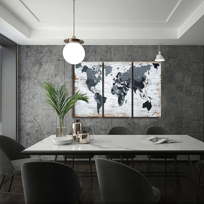 World Map Canvas Wall Art Teal Decor Black Wall Decor Office World Map Wall Art World Pictures for Living Room Wall Decoration Map Picture Framed Artwork Decor for Home Bedroom Decoration