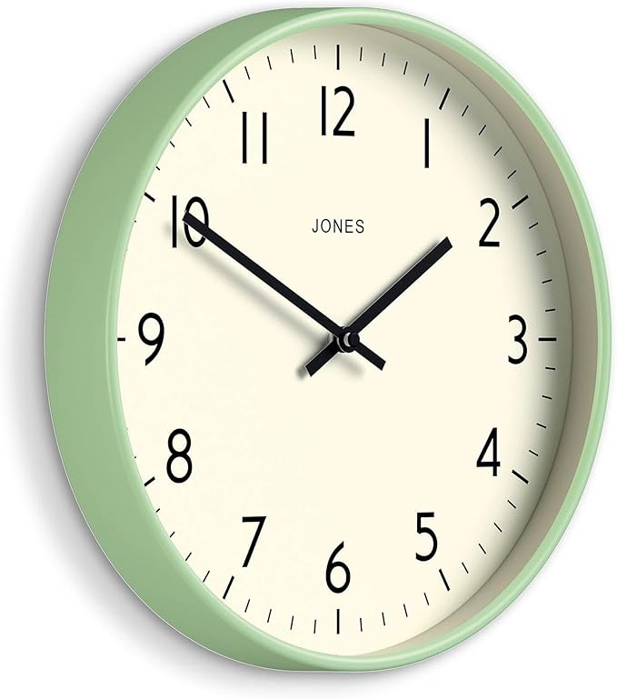 JONES CLOCKS® Studio Wall Clock | Modern Round Style | 12 inch | Neo Mint Green | Easy to Read Numbers | Versatile Design for Kitchen, Living Room or Office