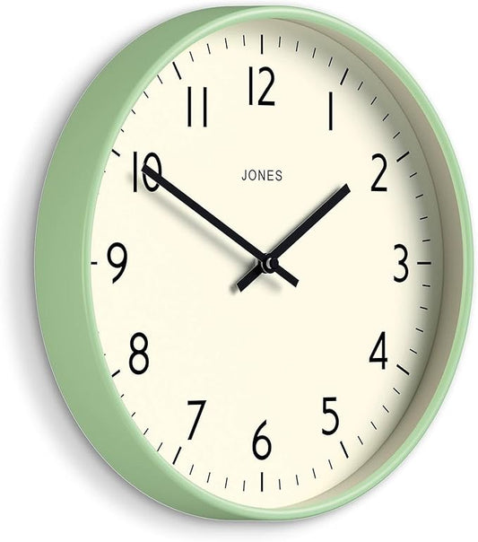 JONES CLOCKS® Studio Wall Clock | Modern Round Style | 12 inch | Neo Mint Green | Easy to Read Numbers | Versatile Design for Kitchen, Living Room or Office