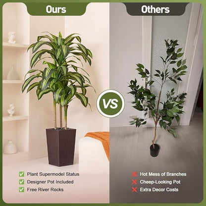 Artificial Dracaena Tree 5FT - UV Resistant Faux Tree with Large Taper Planter & Pebbles - Tall Fake Plants Indoor & Outdoor, Potted Floor Plant for Home Living Room Porch Decor, VN127