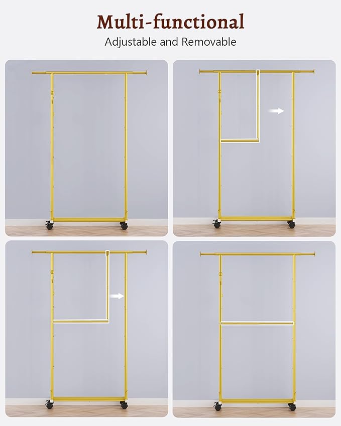 FAVOOSTY Clothes Rack for Hanging Clothes, Rolling & Extending Clothing Rack with Wheels, Garment Coat Rack Freestanding, Portable Closet Organizers and Storage Laundry Room Bedroom, Gold