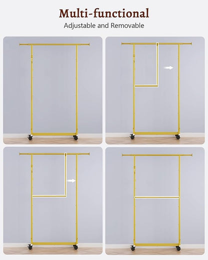 FAVOOSTY Clothes Rack for Hanging Clothes, Rolling & Extending Clothing Rack with Wheels, Garment Coat Rack Freestanding, Portable Closet Organizers and Storage Laundry Room Bedroom, Gold
