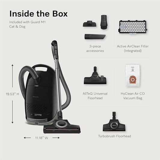 Miele New Guard M1 Cat & Dog Bagged Canister Vacuum for Pet Owners with Odor-Reducing Active AirClean Filter, TurboTeQ Floorhead, and AllTeQ Universal Floorhead, in Obsidian Black/Space Grey