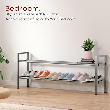 Bumusty 2-Tier Long Expandable Shoe Rack for Closet, 18"-44" Adjustable Shoe Rack for Entryway, 10-12 Pairs Large Shoe Organizer Shelf Storage, Sturdy Metal, Light Grey
