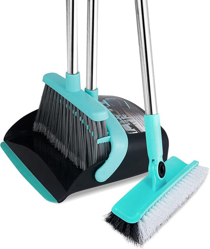 Broom with Dustpan Combo Set, Floor Scrub Brush,Self-Cleaning with Dustpan Teeth,for Indoor Outdoor,Smooth Floors,Bathroom Kitchen (Black)