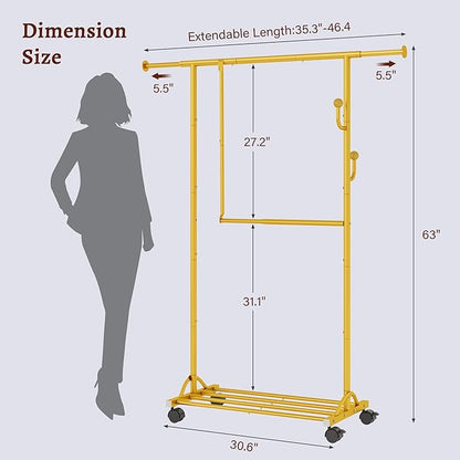 FAVOOSTY Clothes Rack for Hanging Clothes, Rolling & Extending Clothing Rack with Wheels, Garment Coat Rack Freestanding, Portable Closet Organizers and Storage Laundry Room Bedroom, Gold