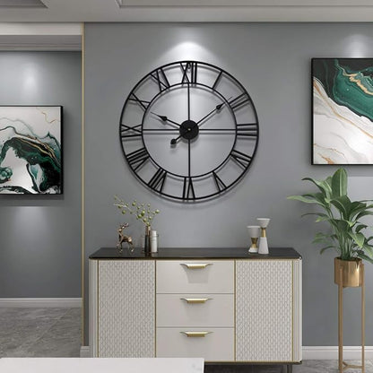 Large Modern Metal Wall Clocks Rustic Round Nearly Silent Little Ticking Battery Operated Roman Numerals Clock for Living Room/Bedroom/Kitchen Wall Decor-(Black, 47cm)