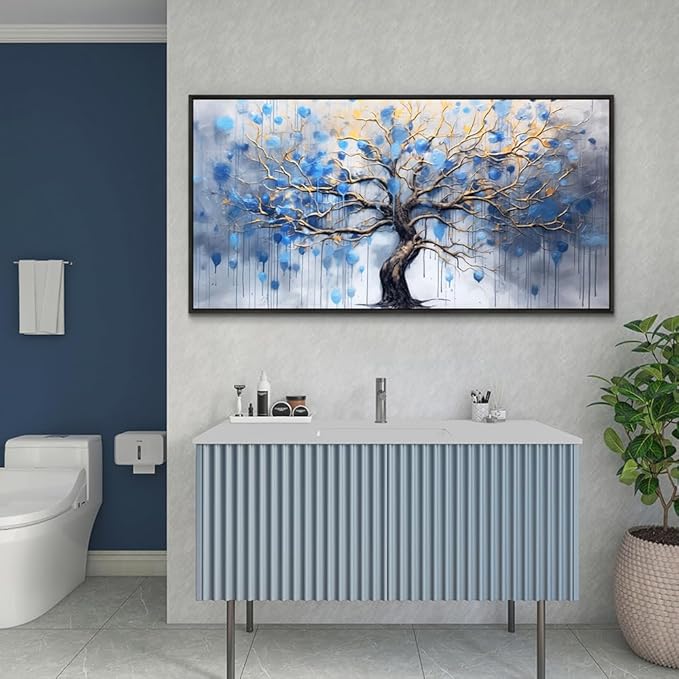 Wapluam Black Framed Canvas Wall Art For Living Room Wall Decor For Bedroom Abstract Office Blue Tree Scenery Wall Pictures Modern Home Decorations Stretched And Framed Ready To Hang Room Artwork
