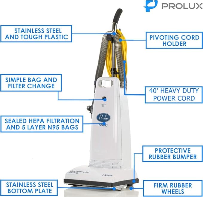 Prolux 6000 Commercial Upright Vacuum with On Board Tools, Bagged Vacuum Cleaner, Commercial Vacuum, Carpet, Floor, HEPA Filter, Steel Brushroll, 107 CFM Suction Power