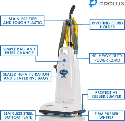 Prolux 6000 Commercial Upright Vacuum with On Board Tools, Bagged Vacuum Cleaner, Commercial Vacuum, Carpet, Floor, HEPA Filter, Steel Brushroll, 107 CFM Suction Power