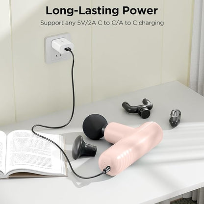 Mini Massage Gun, Powerful Handheld Muscle Massager for Back Pain Relief, Deep Tissue Percussion Small Massage Gun Travel Massager with 4 Massage Heads Silent Brushless Motor, Pink