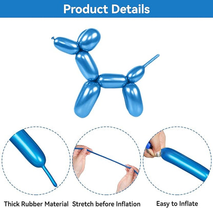 Metallic Blue Long Balloons Premium 260 Twisting Animals Magic Balloons for Birthday Kids Wedding Party Supply 100pcs