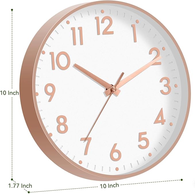 Mosewa Wall Clock 10 Inch, Battery Operated Silent Non-Ticking Modern Analog Clock Decorative for Kitchen, Bedroom, Office(Rose Gold)