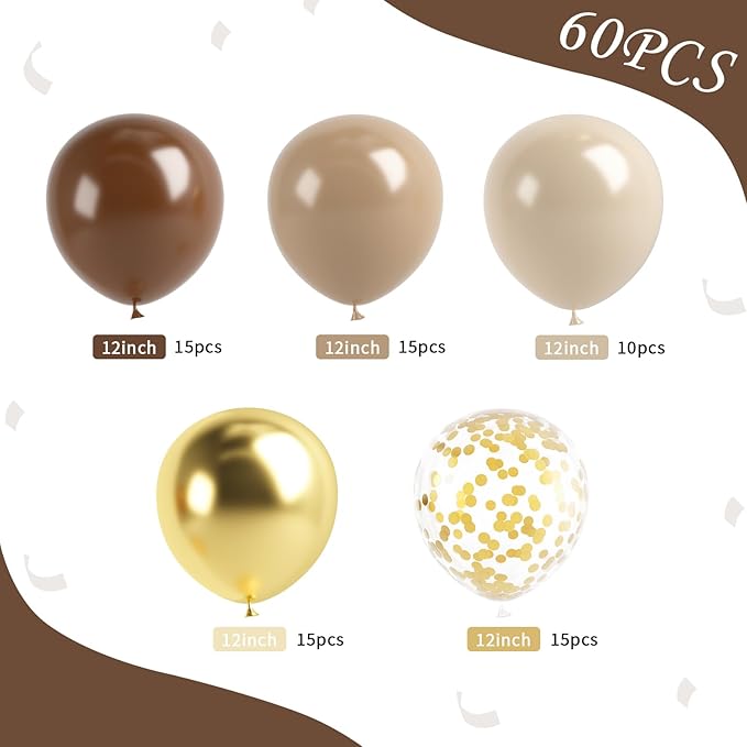Brown and Gold Balloon, 60 Pcs 12 Inches Neutral Sand White Confetti Balloons for Neutral Bridal Shower, Birthday, Baby Shower Party Decorations