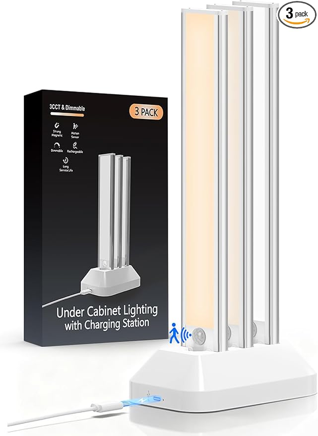 12in Under Cabinet Lighting with Charging Station, 2500mAh Rechargeable Wireless Motion Sensor Lights Indoor,Closet Lights with 3 Color Tempers, Battery Operated Cabinet Lights for Kitchen, 3-Pack