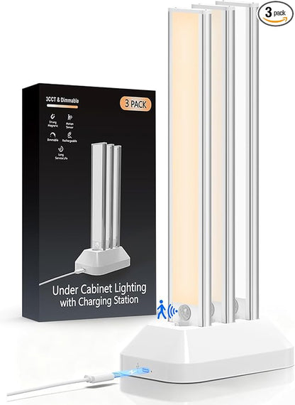 12in Under Cabinet Lighting with Charging Station, 2500mAh Rechargeable Wireless Motion Sensor Lights Indoor,Closet Lights with 3 Color Tempers, Battery Operated Cabinet Lights for Kitchen, 3-Pack