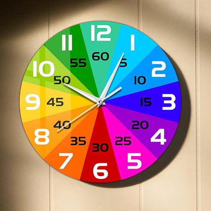 15 Inch Rainbow Color Wheel Telling Time Teaching Clock, Learn to Tell Time Educational Wall Clock Silent Non Ticking Battery Operated for School Classroom Kids Students Back to School Gifts