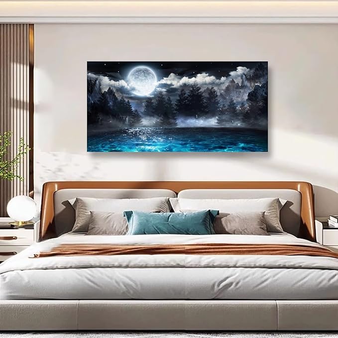Moon Ocean Pictures Canvas Wall Art for Living room Office Bedroom Wall Decor,Ocean Wall Art Print Paintings Modern Mystery Cloud Forest Blue Lake Artwork Waterproof Ready to Hang-28X57 inch