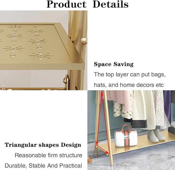 Clothes rack Gold, Freestanding Industrial Garment Rack with Double shelves Multi-functional Bedroom Hanging Clothing Rack,Heavy Duty Movable Coat Rack for Organizing Clothes and Shoes (59'' L)