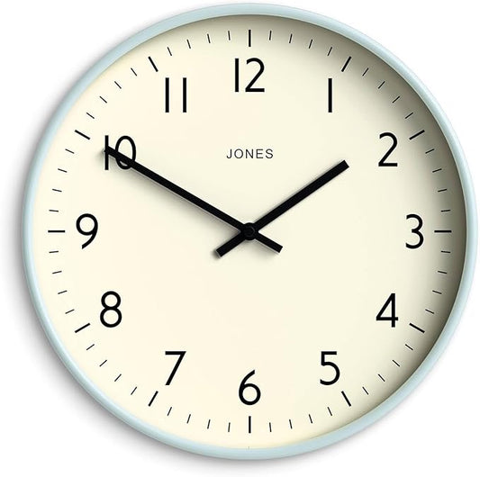 JONES CLOCKS® Studio Wall Clock | Modern Round Style | 12 inch | Pale Blue | Easy to Read Numbers | Versatile Design for Kitchen, Living Room or Office