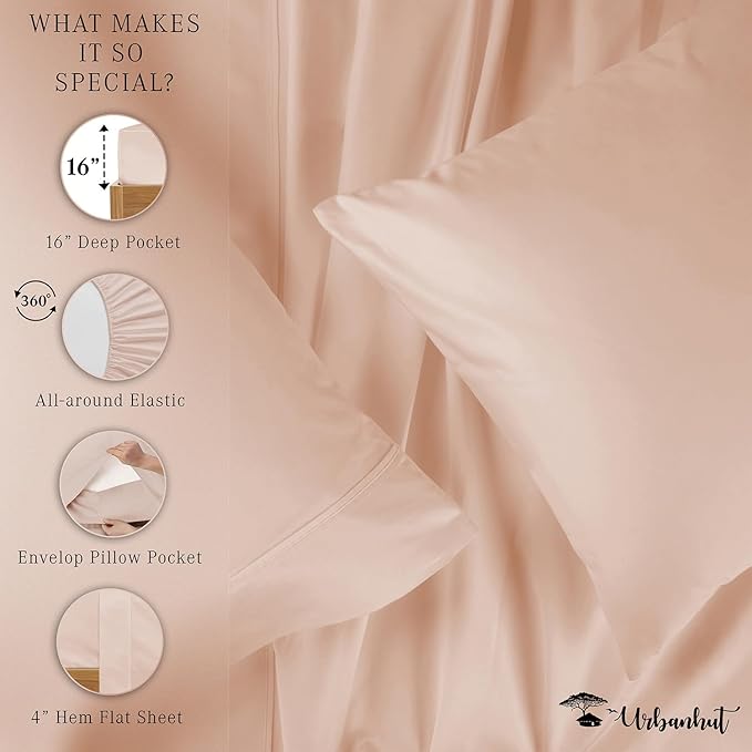 URBANHUT 800 Thread Count Queen Size Egyptian Cotton Sheets Set, 4 Pc Bed Sheet Sets for Queen Size Bedding, Luxury Hotel Sheets Sateen Finish Fits 16" Deep Pocket - Blush Pink