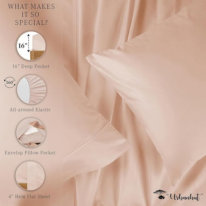 URBANHUT 800 Thread Count Queen Size Egyptian Cotton Sheets Set, 4 Pc Bed Sheet Sets for Queen Size Bedding, Luxury Hotel Sheets Sateen Finish Fits 16" Deep Pocket - Blush Pink