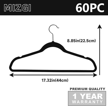 MIZGI Premium Velvet Hangers (60 Pack) Heavy Duty - Non Slip Felt Hangers- Velvet Suit Hanger Black - Black Coated Hooks,Space Saving Clothes Hangers