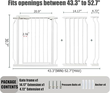 Extra Wide Baby Gate - 48-52.7 Inch Tension Mounted Safety Child & Pet Gate - White Metal - Walk Through - Long - for House Doorways & Stairs