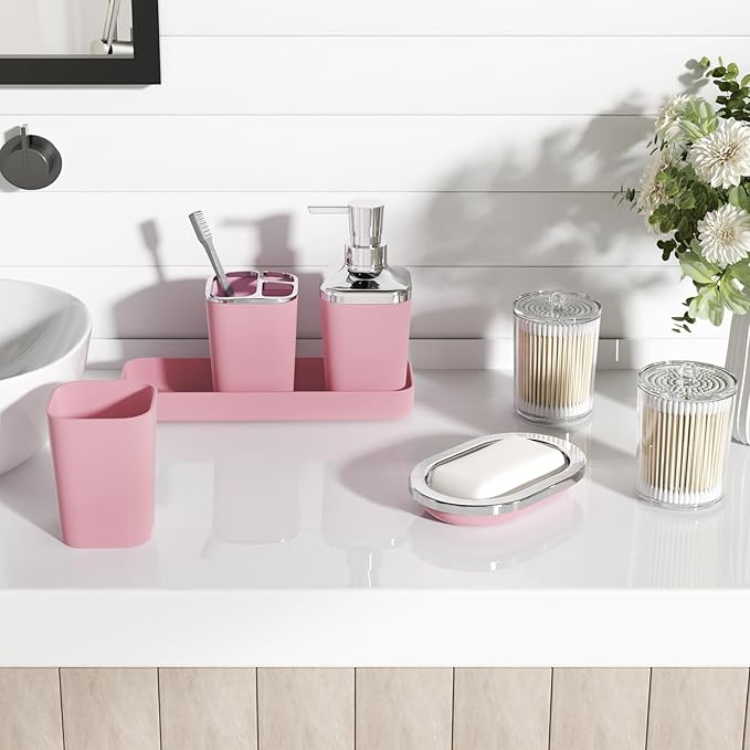 Pink Bathroom Accessories Set, 9PCS Pink Bathroom Accessory Sets Complete with Trash Can, Tray,Soap Dispenser,Soap Dish,Toothbrush Holder,Cup,Toilet Brush and Qtip Holders for Housewarming