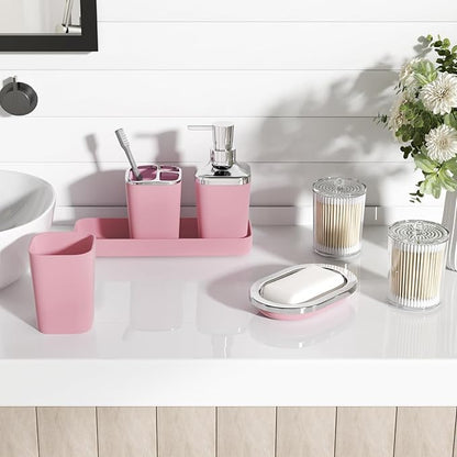 Pink Bathroom Accessories Set, 9PCS Pink Bathroom Accessory Sets Complete with Trash Can, Tray,Soap Dispenser,Soap Dish,Toothbrush Holder,Cup,Toilet Brush and Qtip Holders for Housewarming