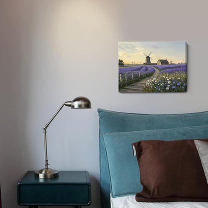 amatop Purple Canvas Wall Art for Bathroom Bedroom Farmhouse Lavender Floral Art Print Countryside Landscape Picture Daisy Flowers Small Nature Scenic Rustic Artwork Entryway Hallway 16x12 In