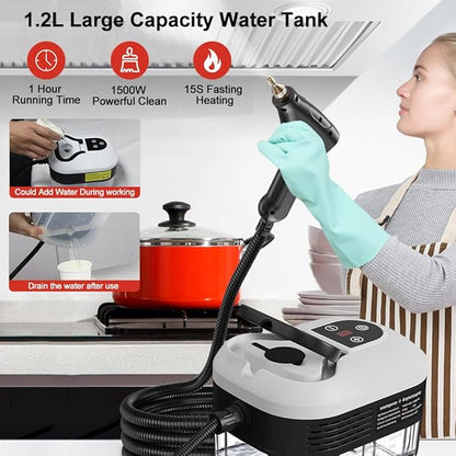 Steam Cleaner, 6-Levels Adjustable Switch Handle, 15s Heat-Up, 1.2L Tank, Steamer for Cleaning with 8 Pcs Accessories, Steam Cleaner for Home for Dirt, Grease, Grout, Tile,Floor,Couch and Car Black