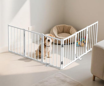 Free Standing Foldable Dog Gate, 16.5" High Step-Over Metal Short Pet Gate, Up to 72" Wide Puppy Fence for Stairs and Doorways, Indoor & Outdoor Use, No Drilling and No Assembly, White