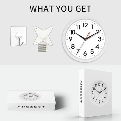 AKCISOT 12 Inch Wall Clock Silent Non Ticking Modern Wall Clocks Battery Operated, Analog Classic Clock Decorative for Bedroom, Kitchen, Home Office, Bathroom, School, Living Room (White)