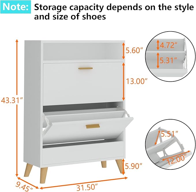 Shoe Storage Cabinets, Free Standing Shoe Organizer with 2 Flip Drawers for Entryway, Narrow 3 Tier Entryway Hidden Shoe Rack with Doors (Off White)