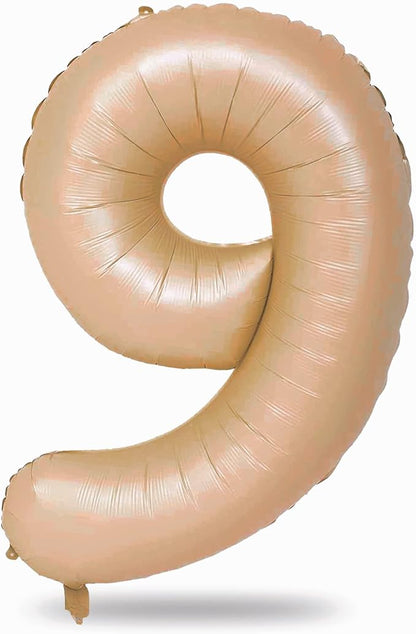 Nude Number 9 Balloons, 40 Inch Neutral 9th Birthday Foil Balloon for Boys Girls, Tan Giant Self Inflating Helium Mylar Foil Number Balloons 0-9 for Women Men Anniversary Party Decorations Supplies