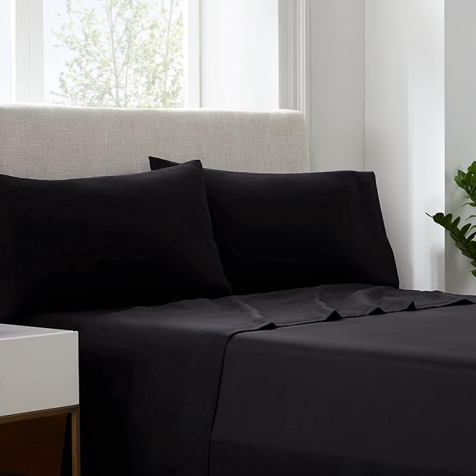 Serta Simply Clean Super Soft Hypoallergenic Stain Resistant Deep Pocket 4 Pieces Solid Bed Sheet Set, Queen, Black