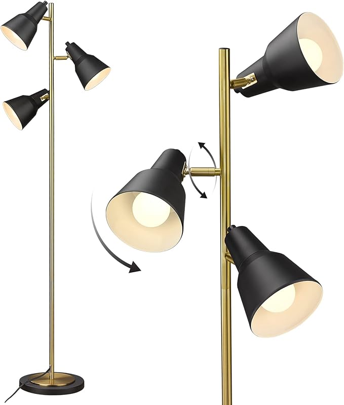 ELYONA Gold Tree Floor Lamp with 3 Adjustable Rotating Lights, Industrial Tall Pole Metal Standing Lights with 3 LED Bulbs for Living Room,Bedroom,Farmhouse,Office,Hotel, Vintage Brushed Brass & Black