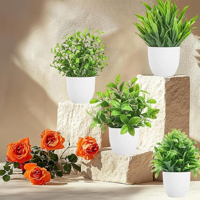 4-Piece Set of Black Potted mini Artificial Plants - Various Imitation Green Plants, Suitable for Home, Office, Farmhouse, Bathroom Decoration and Party Ornaments, Room Decoration