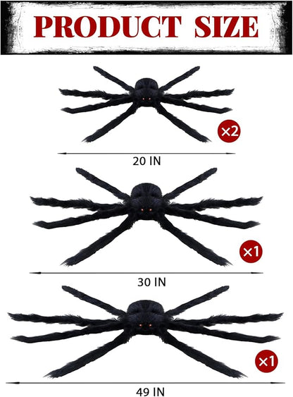 ZMCINER Large Halloween Spiders for Outside, Big Spider Halloween Decorations Realistic Scary Hairy Spiders Halloween Decorations Outdoor (49"", 29"", 20"", 20"")