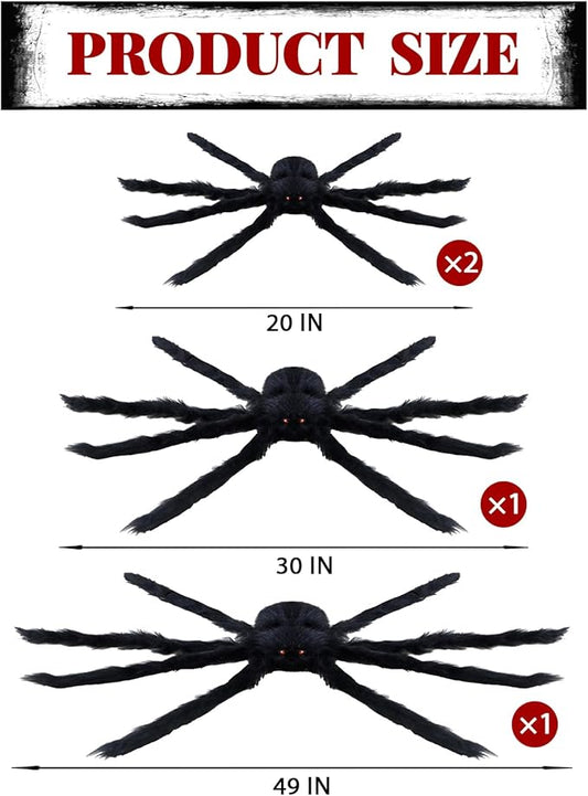 ZMCINER Large Halloween Spiders for Outside, Big Spider Halloween Decorations Realistic Scary Hairy Spiders Halloween Decorations Outdoor (49"", 29"", 20"", 20"")