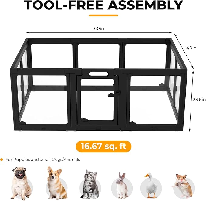 Acrylic Dog Playpen Indoor, Clear Dog Play Pen for Puppies and Small Dogs, Easy Assembly & Clean Puppy Pen (23.6", 12 Panels, Black)