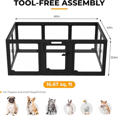 Acrylic Dog Playpen Indoor, Clear Dog Play Pen for Puppies and Small Dogs, Easy Assembly & Clean Puppy Pen (23.6", 12 Panels, Black)