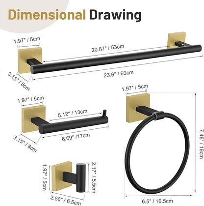 10 Pieces Black Gold Towel Bar Set, 23.6 Inch Bathroom Accessories Set SUS304 Stainless Steel Bathroom Hardware Set Towel Racks for Bathroom Wall Mounted.
