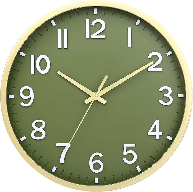 Wall Clocks Battery Operated 10 inch Modern Wall Clock,Silent Non Ticking Wall Clock for Living Room Bedroom Kitchen Office Classroom Decor (Green Gold)