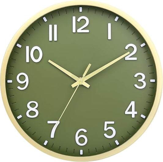 Wall Clocks Battery Operated 10 inch Modern Wall Clock,Silent Non Ticking Wall Clock for Living Room Bedroom Kitchen Office Classroom Decor (Green Gold)