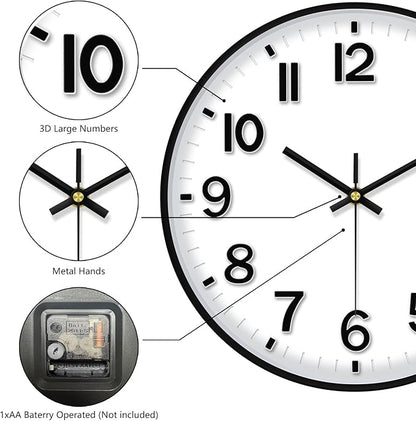 Black Wall Clock, 8 Inch Wall Clocks Battery Operated, Round Modern Non Ticking Silent Digital Analog Small Wall Clock for Bedroom Living Room Kitchen Office Gym Classroom Outdoor Clocks