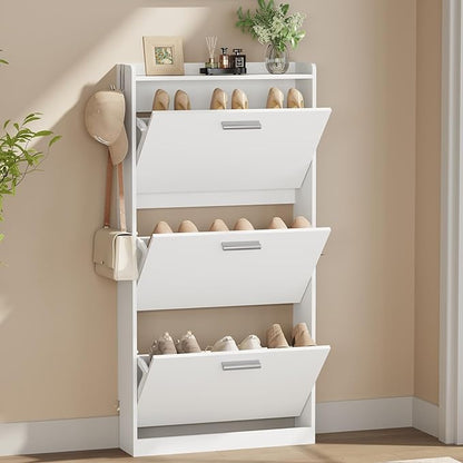Shoe Cabinet Organizer with 3 Flip Drawers，Freestanding Shoe Rack Cabinet，Narrow Shoe Cabinet Storage for entryway，Foyer, Hallway, White, 23.6" W × 6.3" D × 47.2" H