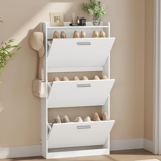 Shoe Cabinet Organizer with 3 Flip Drawers，Freestanding Shoe Rack Cabinet，Narrow Shoe Cabinet Storage for entryway，Foyer, Hallway, White, 23.6" W × 6.3" D × 47.2" H